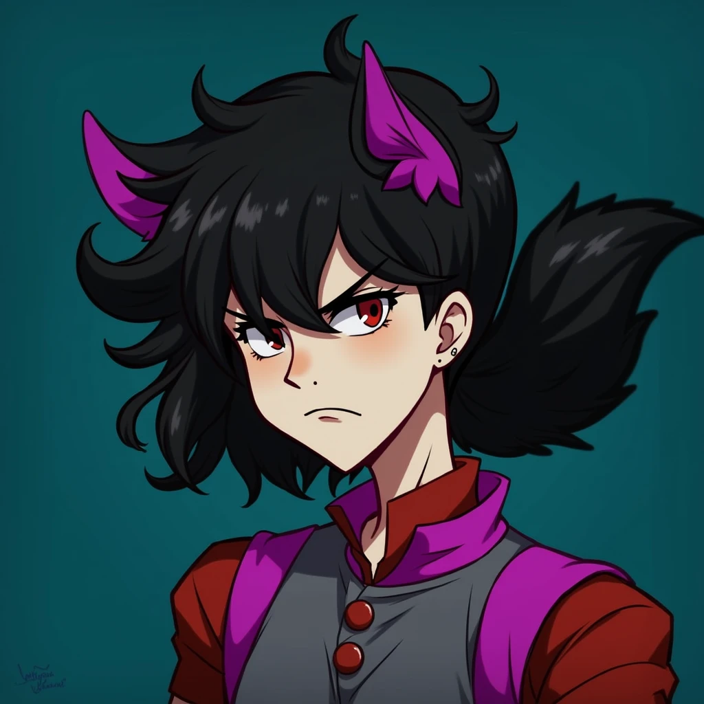 A half-wolf human, is of that race. His hair is ruffled, not so long, and black, just like his ears and tail.. He is angry so he is always frowning., with casual clothes, It is usually also a shirt and sweatpants. His physique is defined as a well-groomed and trained teenager.. His skin is also white and arms.