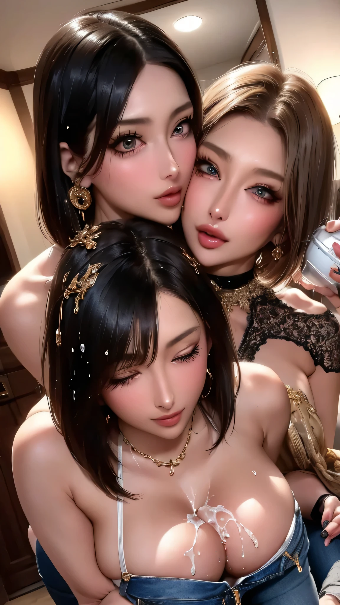 (Ultra-high resolution, 16K, masterpiece: 1.3), Two beautiful women, Beautiful gal deep kissing,deepKiss,Drunk, Blushed, holding beer bottles, drinking, Drunk, Eyes half closed, sleepy, yawn, (Big Breasts: 1.0), Model body type, Ripped and damaged jeans,Ripped hot pants、Take off,(Orgasm:1.5)short hair,Straight Hair,I can see your panties,whole body,