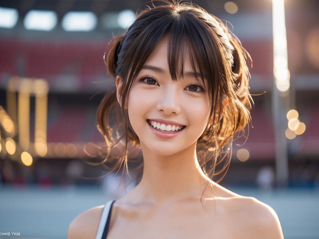 (NSFW),(((Highest quality, 8k, masterpiece))), (crowd, Photo of beautiful Japanese idols in olympic stadium),(NUDE)Sharp focus, (Beautiful woman with perfect figure), thin, (Hairstyle: Excellent)), street: 1.2. Highly detailed face and skin textures, detailed eyes, double eyelids, random poses, (A smile that puts the viewer at ease:1.3), beauty Japanese girl, Realistic Face, ,Beautiful Teeth ,(Bursting with huge breasts)