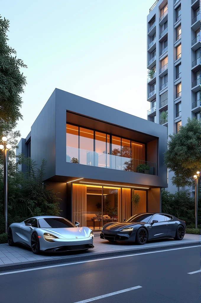 A modern house in the city with cool cars