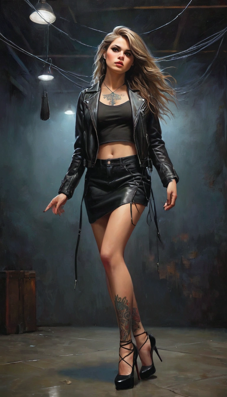 (best quality,8K,highres,masterpiece:1.2), ultra-detailed, realistic, photorealistic:1.37, oil painting, full body shot, tattooed girl, very beautiful and detailed face, captivating eyes and lips, attractive and well-defined facial features, expressive facial expressions, long and flowing hair, intricate and vibrant tattoos covering her body, a sense of mystery, a touch of danger, a hint of rebellion, betrayal in her eyes, anger and determination in her expression, Black leather jacket, strings, high heel shoes, almost transparent, stands barefoot, dark and atmospheric background with dim lighting, dynamic wallpaper adding depth to the scene, every detail meticulously rendered, a vivid color palette with rich contrasts, a sense of realism and authenticity, a dense and layered composition, capturing the intensity of the moment, Realistic,Photorealism, full body shot,