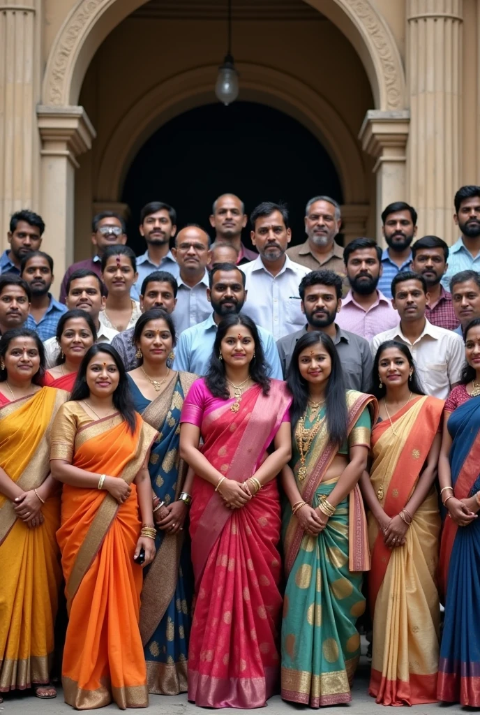 Creatd an image of a group of 23 Indian people both men and women posing for a front facing group photo after a seminar. Add a background of an old institute behind but dont add any name. 