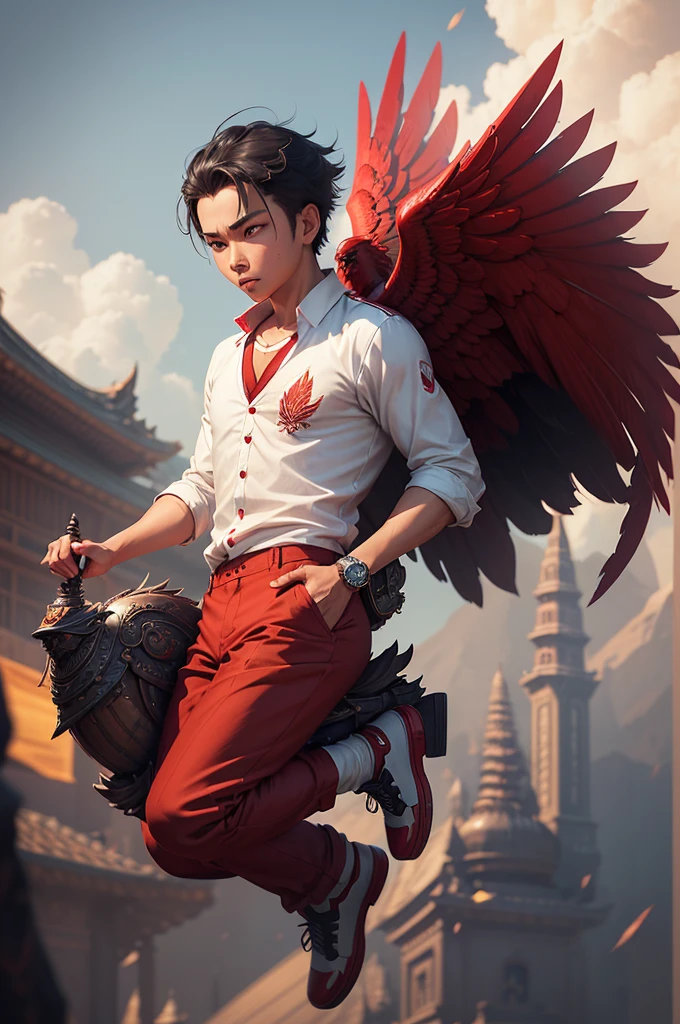 there is a boy riding a garuda bird complete with very detailed and intricate vintage armor, with the Indonesian flag on it, inspired by Rudy Siswanto, cyril rolando and goro fujita, by Rudy Siswanto, indonesia, flying high in the sky, the boy is carrying a waving Indonesian flag, has short hair, with an enthusiastic expression on his face, the boy is wearing a school uniform (((white shirt), (((red trousers))) and black shoes, guweiz style artwork, wojtek fus, epic 3d illustration, inspired by Erik Pevernagie, inspired by Cyril Rolando