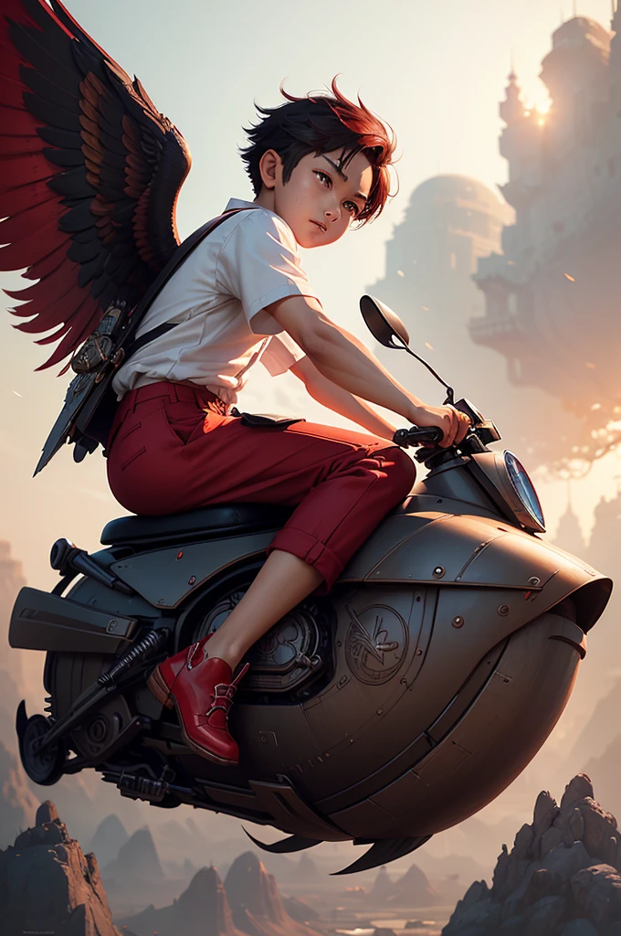 there is a boy riding a garuda bird complete with very detailed and intricate vintage armor, with the Indonesian flag on it, inspired by Rudy Siswanto, cyril rolando and goro fujita, by Rudy Siswanto, indonesia, flying high in the sky, the boy is carrying a waving Indonesian flag, has short hair, with an enthusiastic expression on his face, the boy is wearing a school uniform (((white shirt), (((red trousers))) and black shoes, guweiz style artwork, wojtek fus, epic 3d illustration, inspired by Erik Pevernagie, inspired by Cyril Rolando