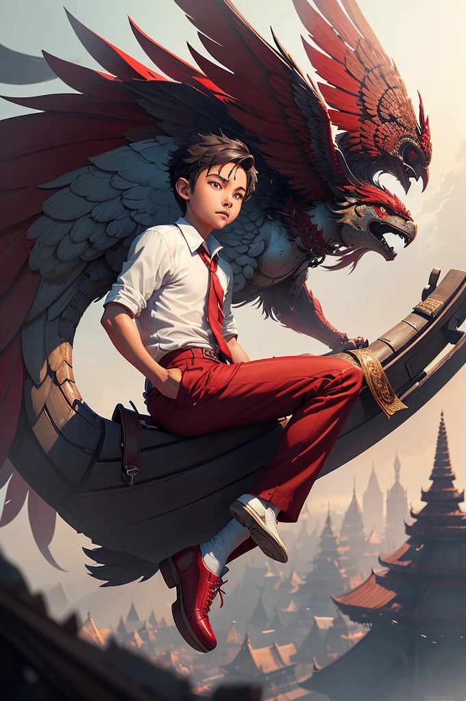 there is a boy riding a garuda bird complete with very detailed and intricate vintage armor, with the Indonesian flag on it, inspired by Rudy Siswanto, cyril rolando and goro fujita, by Rudy Siswanto, indonesia, flying high in the sky, the boy is carrying a waving Indonesian flag, has short hair, with an enthusiastic expression on his face, the boy is wearing a school uniform (((white shirt), (((red trousers))) and black shoes, guweiz style artwork, wojtek fus, epic 3d illustration, inspired by Erik Pevernagie, inspired by Cyril Rolando