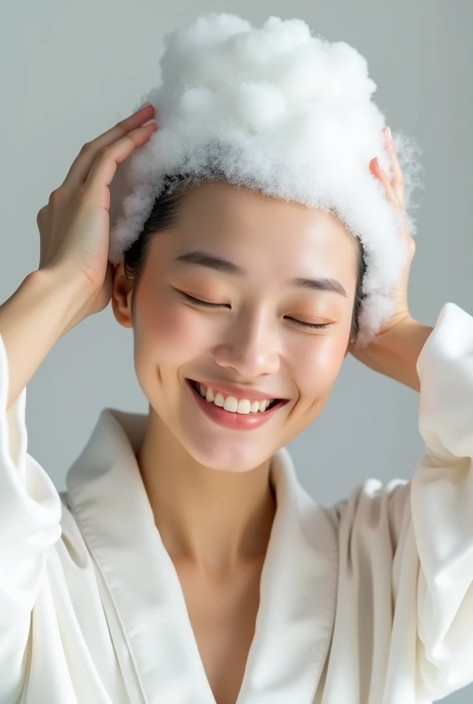 Create an Asian mature beauty,Wearing a white satin bathrobe,Scratching the scalp with both hands,Two hands washing hair on top of head,There is a lot of foam on the head,Foam wrap head,Realistic foam,The expression is happy,Upper Body,The characters are realistic and realistic,Pure white background,Character front position,9:16 frames,Ultra-high-definition picture quality