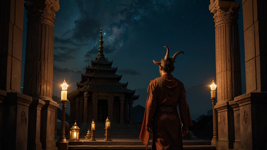 masterpiece、Fantasy、Starry night sky、Ancient magnificent temple、A well-built and powerful royal wizard goblin standing on the steps walking through a temple、Intricate gold embroidery、A detailed, flowing robe in dark, rich colors、It holds a large, decorative, forked rod that glows with magical light, casting a red glow around it.、The temple around him is built on towering pillars that are partly in ruins.、The sky changes from the deep blue of night to the fiery red of distant nebulae、Walking in the temple、Has many nasty, twisted horns growing all over its head, The back of its head also has many short, twisted, nasty horns., Disgusting and creepy, Twisted like a goat&#39;s horn, People dislike them because of their creepy horns.