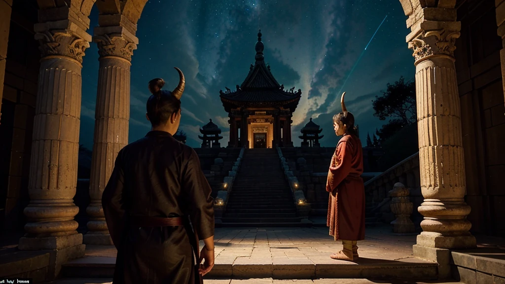 masterpiece、Fantasy、Starry night sky、Ancient magnificent temple、A well-built and powerful royal wizard goblin standing on the steps walking through a temple、Intricate gold embroidery、A detailed, flowing robe in dark, rich colors、It holds a large, decorative, forked rod that glows with magical light, casting a red glow around it.、The temple around him is built on towering pillars that are partly in ruins.、The sky changes from the deep blue of night to the fiery red of distant nebulae、Walking in the temple、Has many nasty, twisted horns growing all over its head, The back of its head also has many short, twisted, nasty horns., Disgusting and creepy, Twisted like a goat's horn, People dislike them because of their creepy horns.