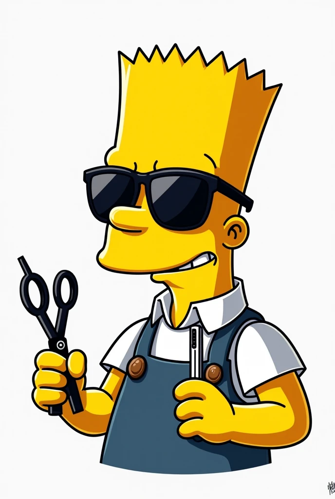 Cartoon drawing of Bart Simpsons with sunglasses and a pompadour, barber, with scissors in his left hand and a razor in his right hand. Old School preto e branco