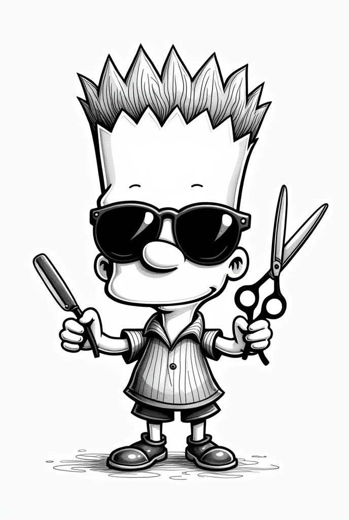 Cartoon drawing of Bart Simpsons with sunglasses and a pompadour, barber, with scissors in his left hand and a razor in his right hand. Old School preto e branco