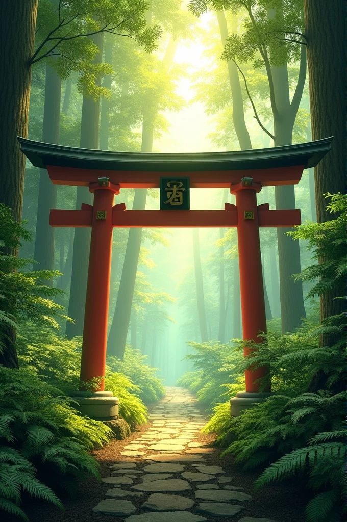 A green forest with a torii