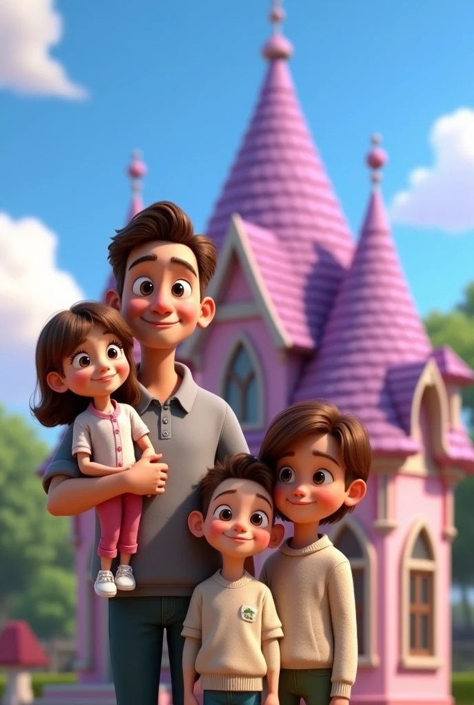 Disney Pixar poster in front of a house under a clear blue sky. shows a white family. The father is the tallest, handsome, the mother has beautiful eyes and brown hair, shoulder length.   one beautiful 4  girl is being held by her father on the left and there are two handsome boys standing in front of her. looking forward with a happy smile. The house in the pink background with white accents and a purple roof, gives a magical impression. The setting looks like a sunny day with a few clouds in the sky, depicting a cheerful and carefree atmosphere. 3D Rendering