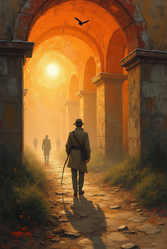 A male student in a student uniform and a female student in a trench coat face away from the photo,Walk through vast ruins,Under a black sky,In the distance, There is a fuzzy black monster in the fog。