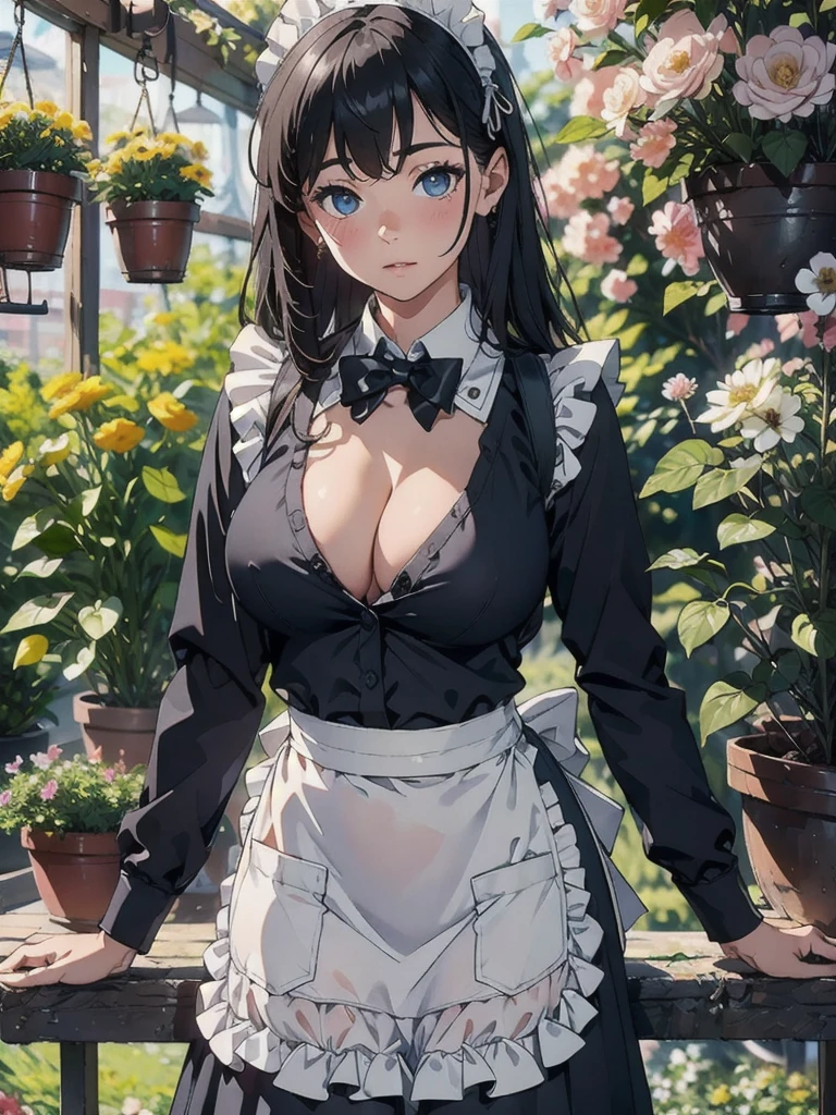 high quality, 最high quality, Realistic, RAW Photos, Realistic, Ultra-realistic 8K CG, Super detailed, High resolution, masterpiece, 1 girl, 18-year-old, Beautiful face of a woman, Soft Face, elegant, Detailed Texture, Maid headdress, apron, chest, Long sleeve, bangs, White shirt, Black Dress, Side Lock, メイド apron, black long skirt,biomechanical boobs,solo、A greenhouse full of flowers、50mm lens、Dominant Pose