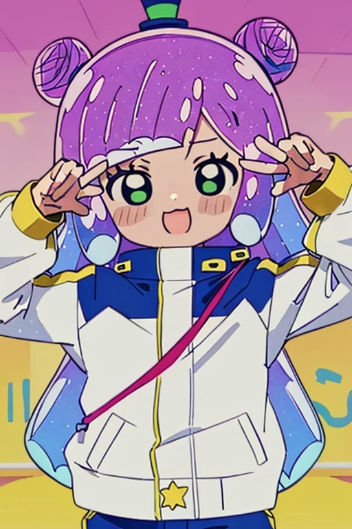 (masterpiece:1.3),(highest quality:1.4),(Super detailed:1.5),8K,High resolution,(an extremely delicate and beautiful:1.8),Official Art,Perfect Anatomy,(90s Anime,90s Anime style,Cel-shaded anime:1.17),(anime screencap,anime coloring:1.5), 
((puniru \(puniru wa kawaii slime\):1.52)),(gradient hair:1.4), bangs, green eyes,double bun, mini hat,jacket,shorts,sneakers,shoulder,(loli:1.1),(ai's pose:1.37),upper body