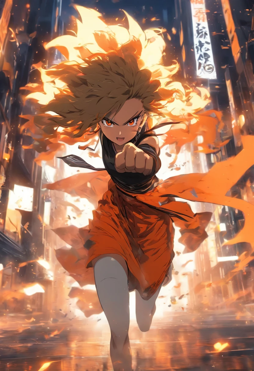 orange, white and black dress、bionde、Shortcuts、Curly hair、Spirit、ambition、Raise your fist、Intimidation、Blow away、roar、Martial Woman、Highest quality、Collapsed cityscape、night、Orange stole fluttering in the wind、Orange, white and black outfit、full power