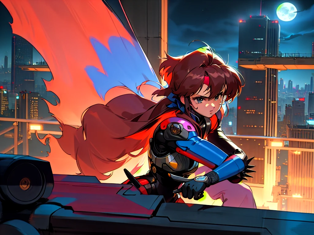 Kenichi Sonoda, retro art-style, bubblegum crisis, Sci-fi, Cyberpunk, Neon, Dystopia, Crash and Burn, (On a full moon night, on the rooftop of a high-rise building, a figure is seen wearing a metal hard suit that covers the whole body from head to toe. It is made up of curved surfaces that give it a feminine bodyline.), 1girl, solo, 18yo, Cool beauty, fearless look, fighting stance, attack, punching at viewer, close-up photography of upper body, Depth of field, sharp focus, (masterpiece, anime cg, official art, work of art, Award-winning work, extreme quality, ultra high definition, all intricate, overall detailed, finely detailed, super detailed, very aesthetic, boast pompously, focus on entire screen, asymmetrical, raytraced, caustics, textile shading, incredibly absurd resolution, absolutely resolution, ultra high resolution, professional, vivid colors, perfect anatomy, ideal facial features, beautiful detailed face, ideally proportioned figure, perfectly beautiful body), 
