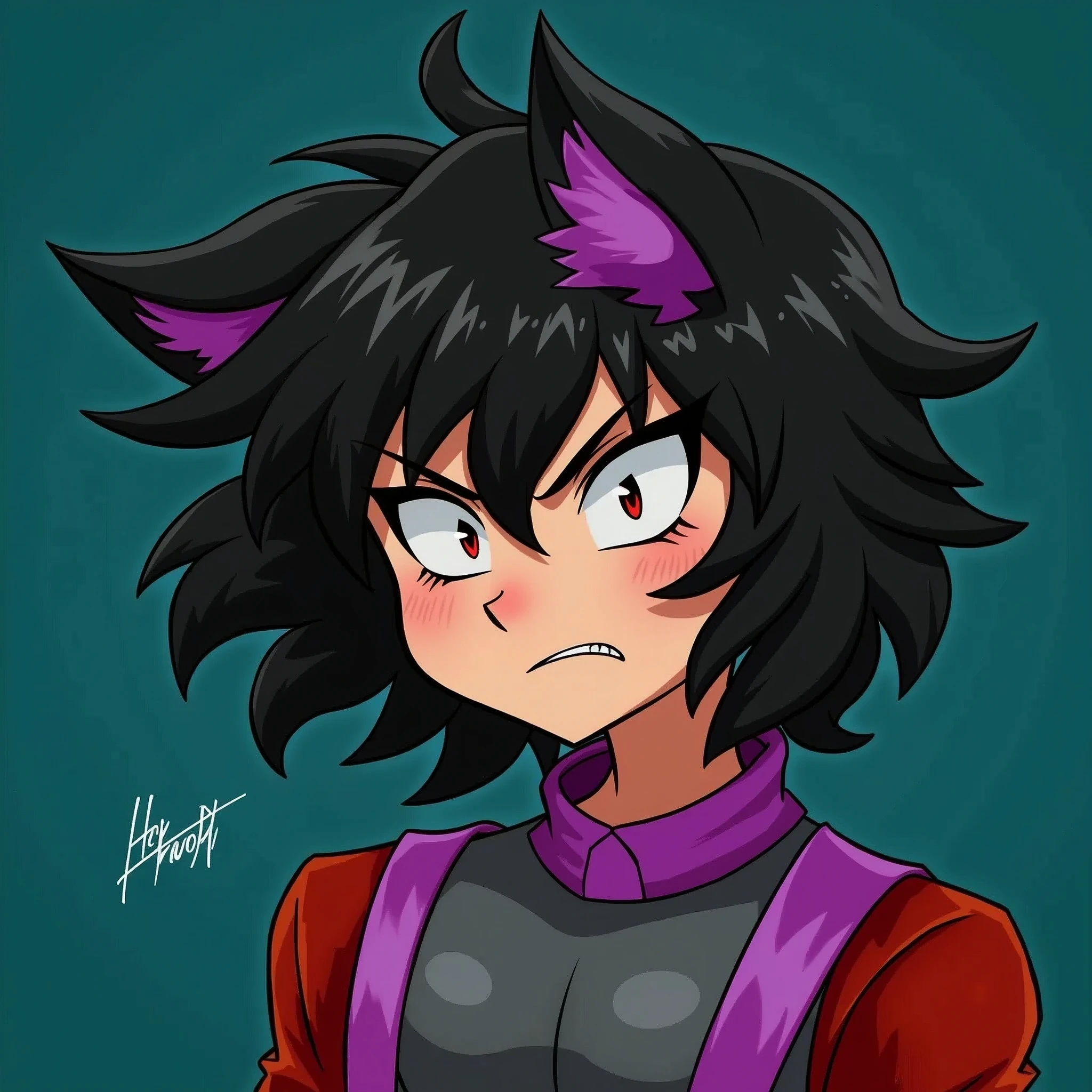 A half-wolf human, is of that race. His hair is ruffled, not so long, and black, just like his ears and tail.. He is angry so he is always frowning., with casual clothes, It is usually also a shirt and sweatpants. His physique is defined as a well-groomed and trained teenager.. His skin is also white and arms.