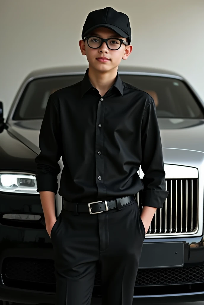 age 16 year Black shirt pants cap black glasses Rolls Royce background