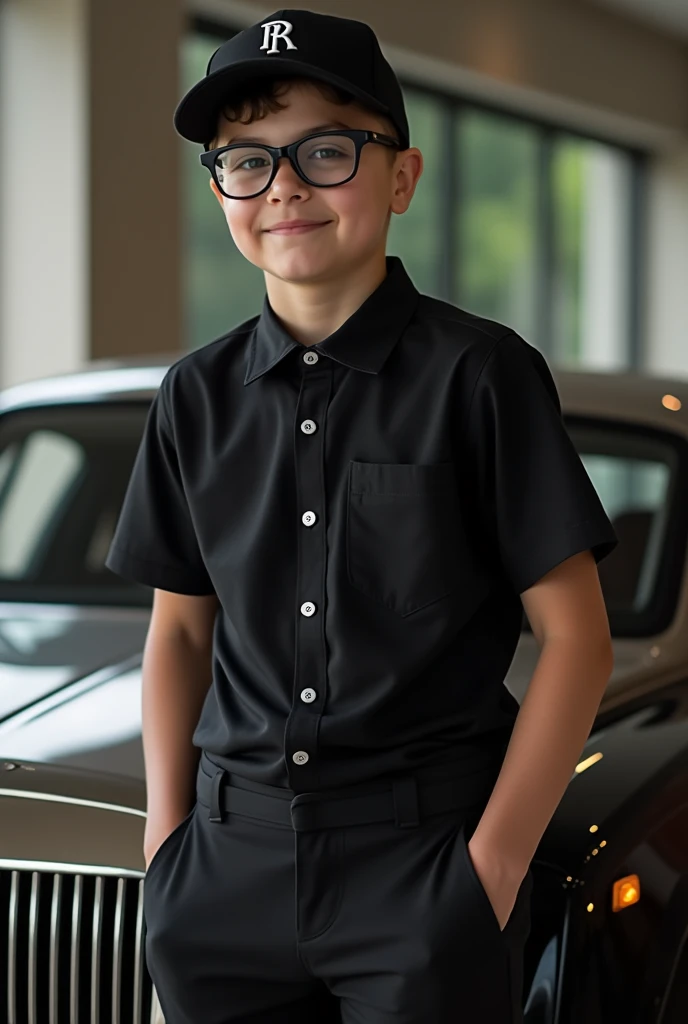 Black shirt pants cap black glasses Rolls Royce background