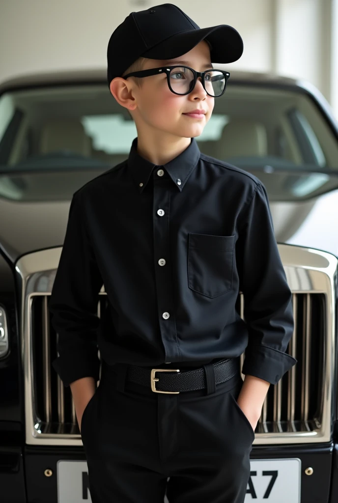 age 16 year Black shirt pants cap black glasses Rolls Royce background