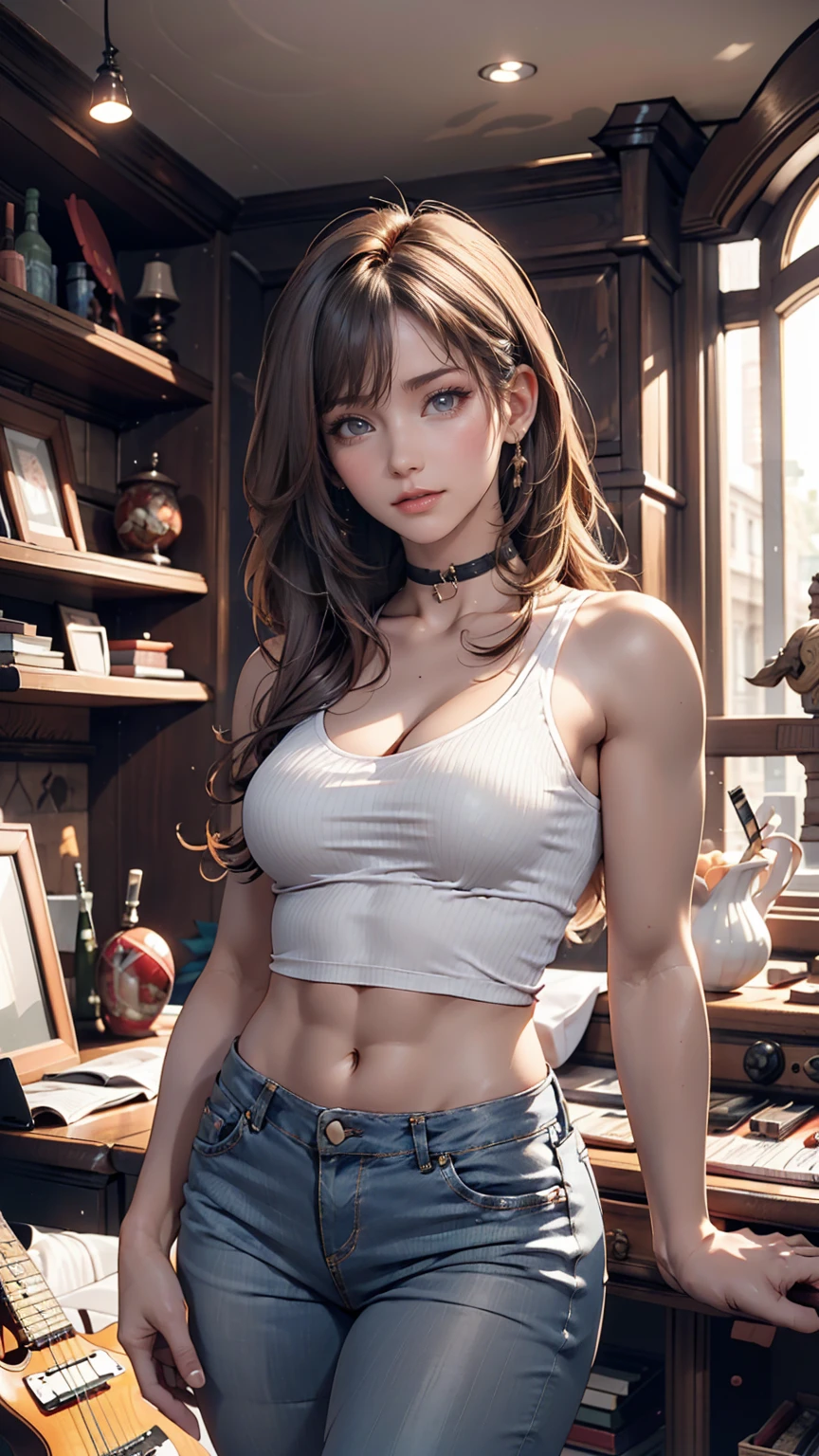 mouth, One girl, alone, In a messy room, guitar, 、24-year-old woman、Attractive Young Woman, (Beautiful Face:1.1), Detailed eyes, Seductive lips, (eye make up:1.2), (Medium chest:1.0), (Toned body:1.2), Sexy proportions、Narrow waist、choker、T-shirts with rock band logos、Navel visible、Lower milk visible、Low-rise skinny jeans、Straight Hair、Silver Hair