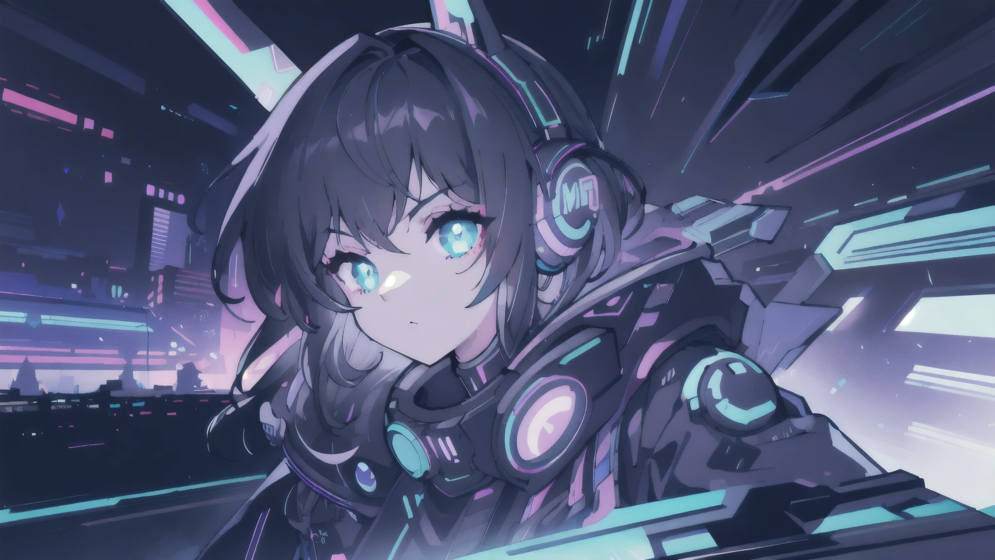 4k,extremely detailed eyes and face,detailed hair,black hair,girl,cyberpunk,cyberpunk edgerunners,city night scene,neon lights,headset,RGB,futuristic,highly detailed,photorealistic,masterpiece,8k,ultra-detailed,hyperrealistic,cinematic lighting,dramatic lighting