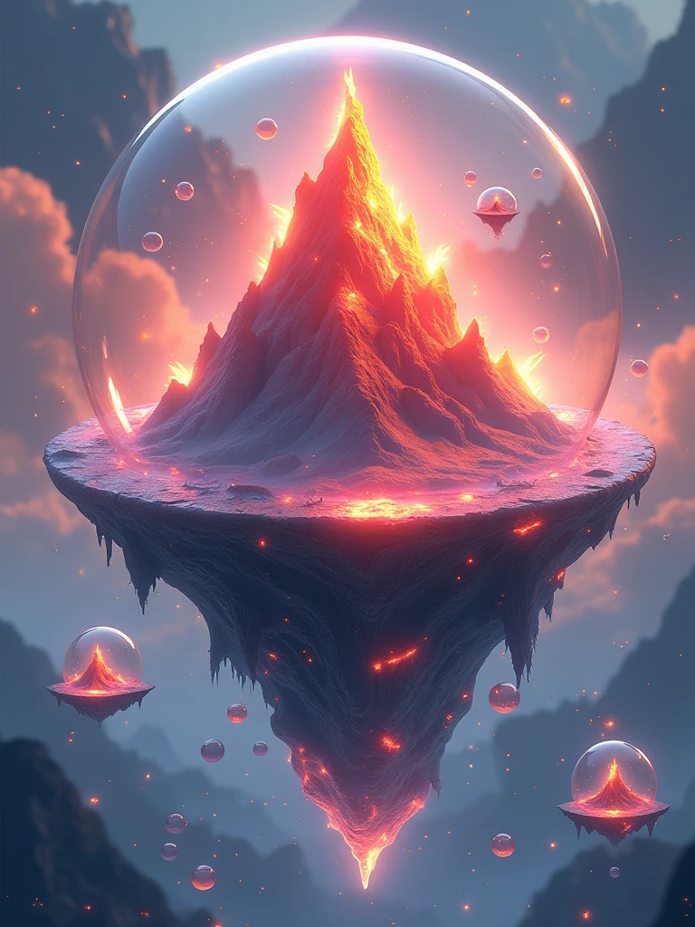 Masterpiece, best quality, high resolution, Red flame mountain, suspended, with bubbles with scenes floating on it, transparent bottom, UI interface, mini game scenes, image quality 4K,
