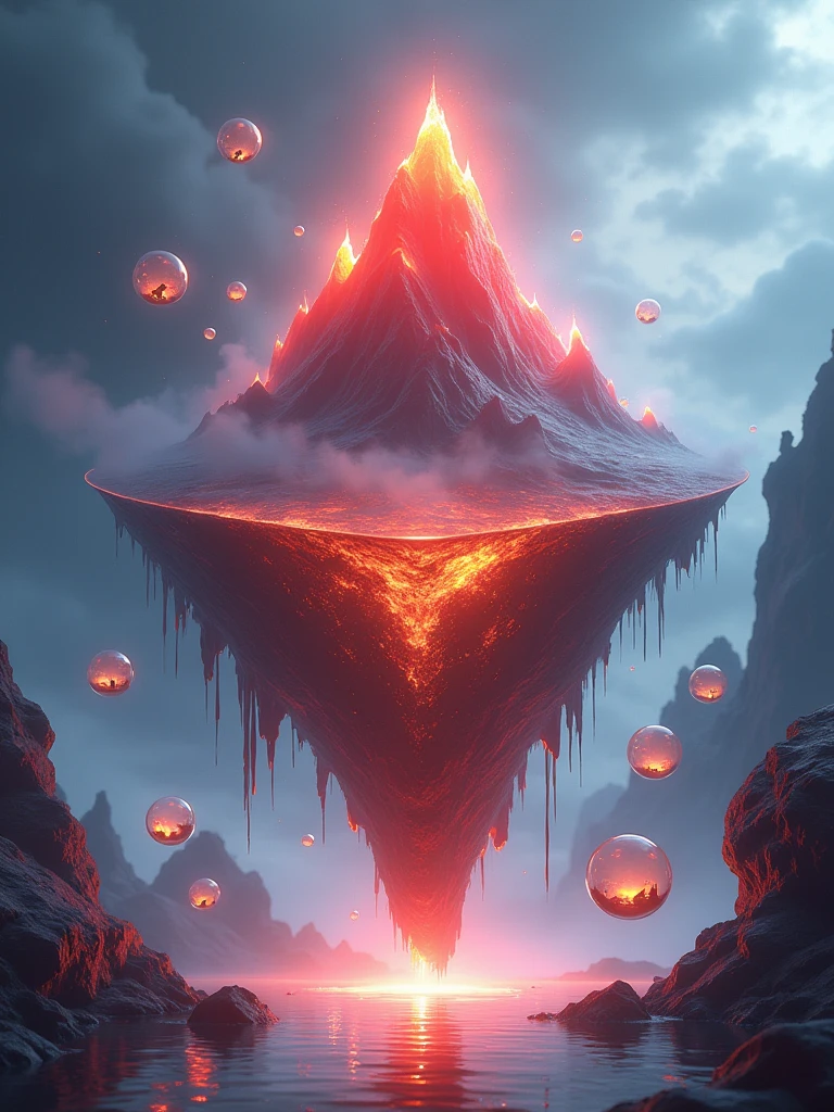 Masterpiece, best quality, high resolution, Red flame mountain, suspended, with bubbles with scenes floating on it, transparent bottom, UI interface, mini game scenes, image quality 4K,