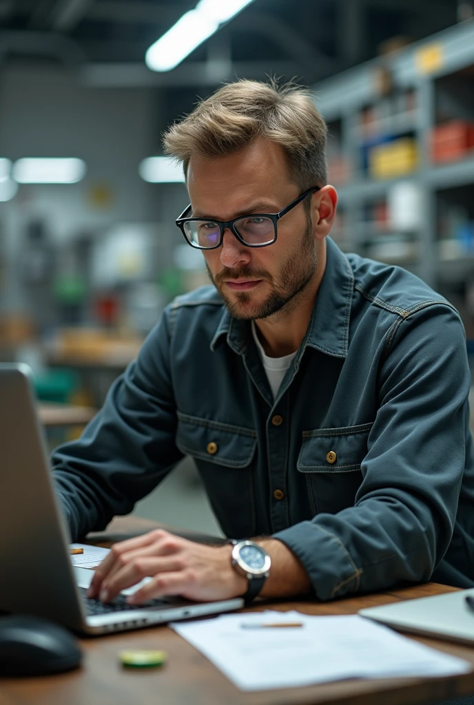 Electrical engineer
 behind the desk
 factory 
Working 
 paper
 euro pack
A laptop 
Work clothes 
He is a man
Series 
33 years old 
Looking to the desk
Show him in front
