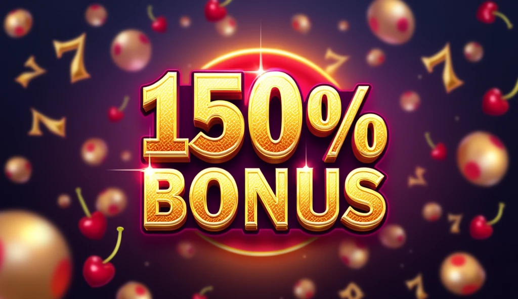 150% slot Bonus, slot games background, casino website promotion design, different design of text, english language