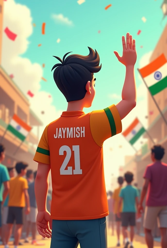 Indipendent day photo with salute to indian flag cartoon man back side jersey colour is flag colour name is jaymish 21