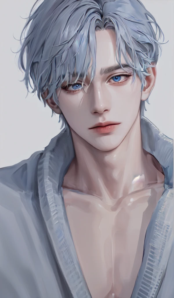 Boy, gray hair, blue eyes, sharp features, white skin, sweater