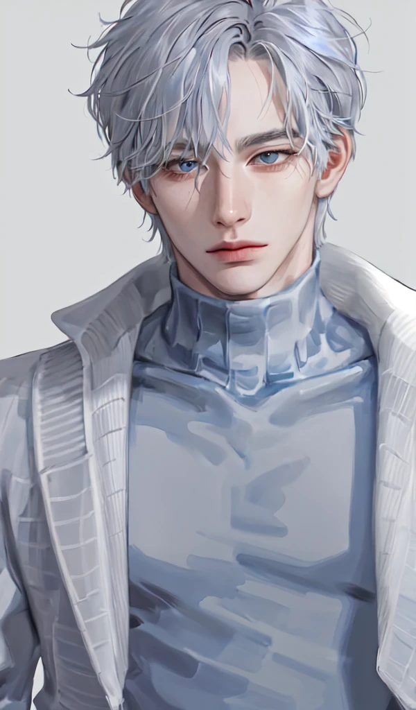 Boy, gray hair, blue eyes, sharp features, white skin, sweater