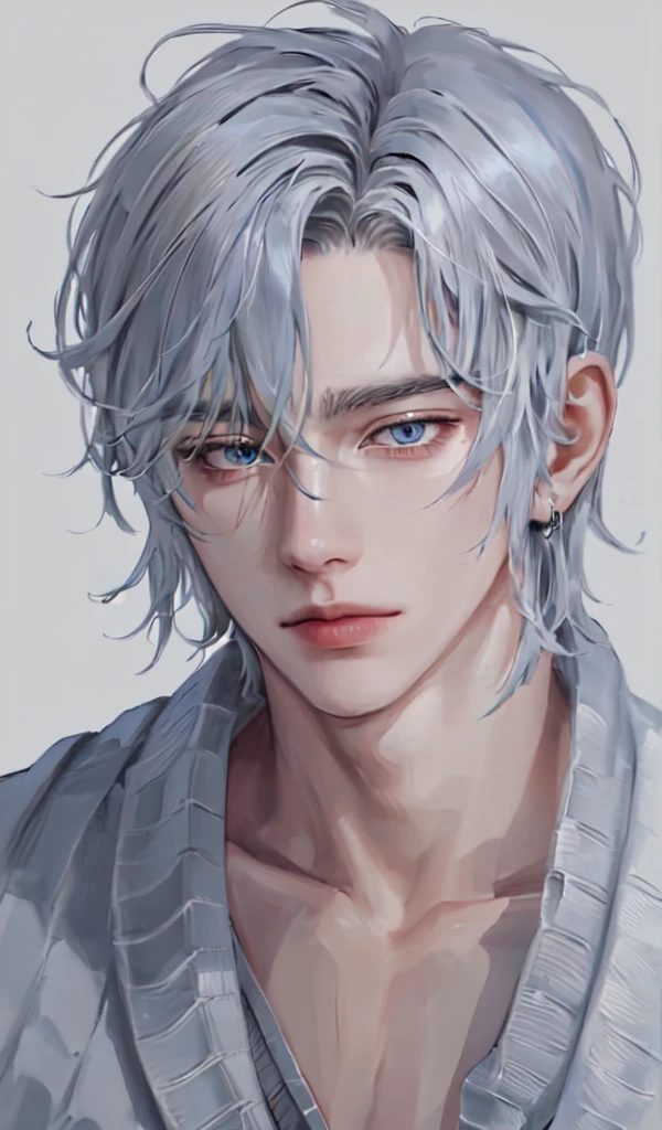 Boy, gray hair, blue eyes, sharp features, white skin, sweater