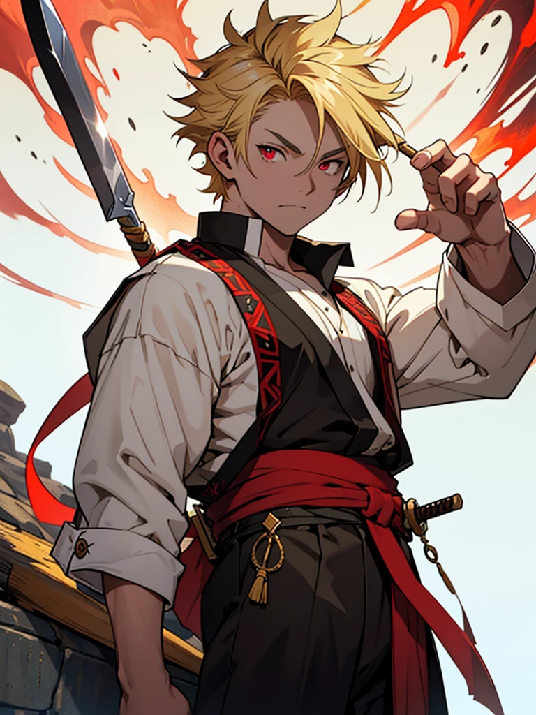 a blond boy, with vibrant red eyes, he's low, a neutral expression, kinda bored, wearing exotic clothes, having a gaucho style, kind of anime, being clothes a little bigger for his size. He also has a type of weapon that resembles a barbecue skewer., but you can be creative with this weapon, he also has firepower