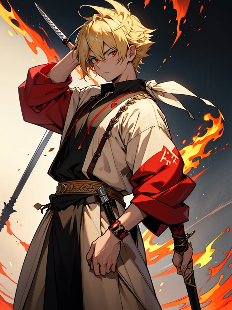 a blond boy, with vibrant red eyes, he's low, a neutral expression, kinda bored, wearing exotic clothes, having a gaucho style, kind of anime, being clothes a little bigger for his size. He also has a type of weapon that resembles a barbecue skewer., but you can be creative with this weapon, he also has firepower