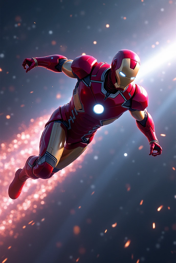 Picture of iron man in flying position space with aura and advanced mark suits 