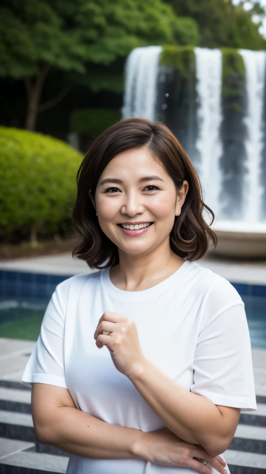 最high quality, In 8K, whole body, Real, Upper Body, high quality, High resolution, Detailed face, Detailed eyes, Thick lips, (Look at the viewers), alone, Middle-aged women, , 60 years old, , Wavy Hair, , Wearing short sleeves, Standing in front of a fountain, Wrinkles around the eyes, Smiling with teeth showing, Background Blur