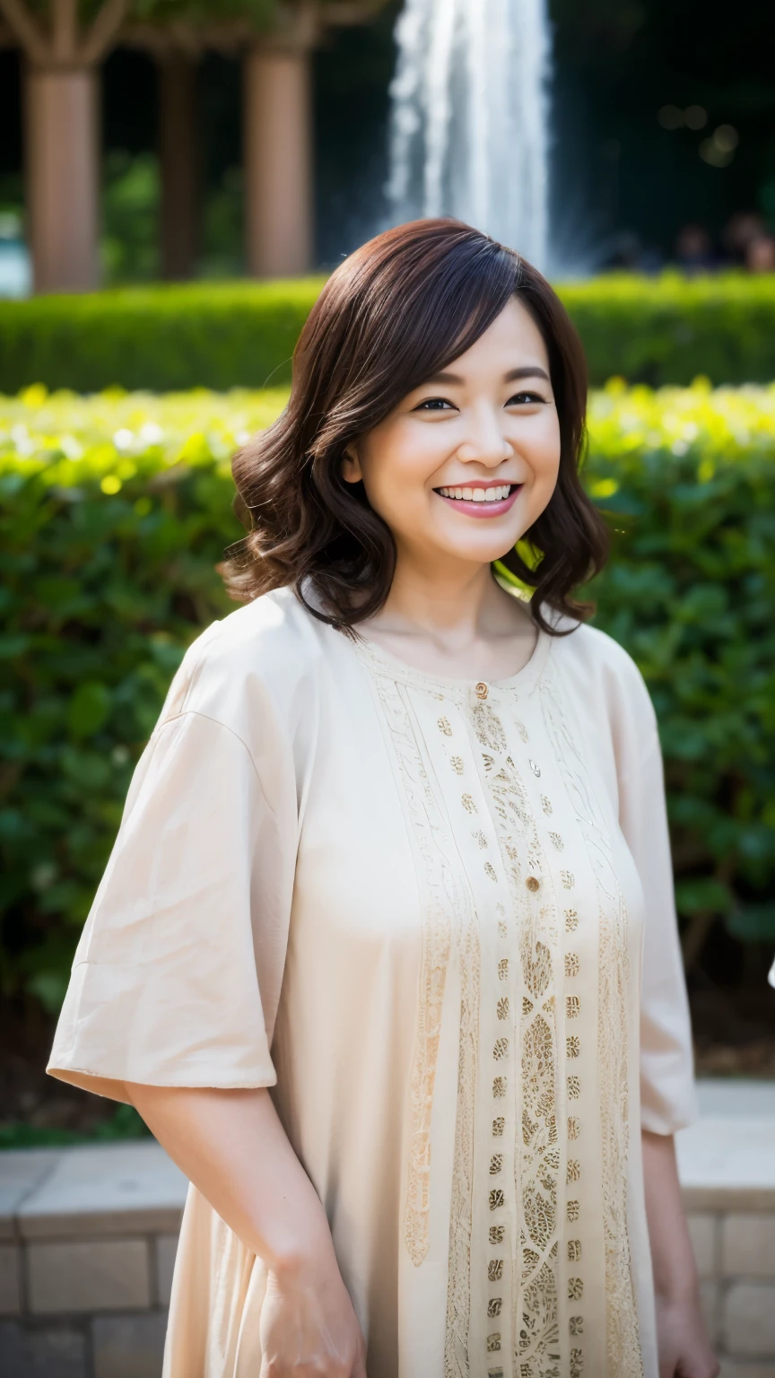 最high quality, In 8K, whole body, Real, Upper Body, high quality, High resolution, Detailed face, Detailed eyes, Thick lips, (Look at the viewers), alone, Middle-aged women, , 60 years old, , Wavy Hair, , Wearing short sleeves, Standing in front of a fountain, Wrinkles around the eyes, Smiling with teeth showing, Background Blur