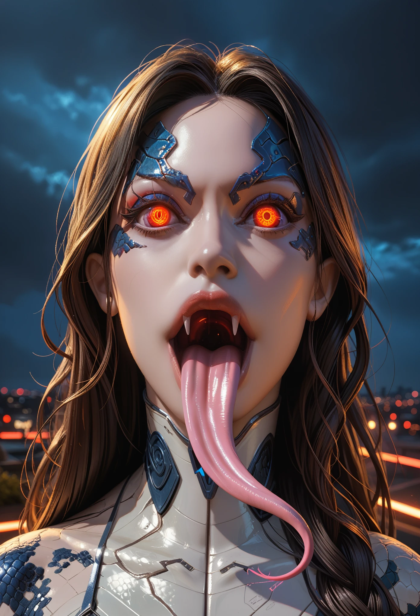 score_9, score_8_up, score_7_up, 1 female medusa alien, A scene from a horror movie, beautiful detailed eyes, A third eye on the forehead, beautiful detailed lips, extremely detailed face and eyes, long eyelashes, (long tongue like a snake:1.2), intricate insect-like features, glowing compound eyes, scythe-like forelimbs, alien carapace, vibrant colors, futuristic sci-fi environment, neon lights, glowing energy field, complex technological architecture, dramatic lighting, cinematic atmosphere, award winning digital art, hyper realistic, 8k, high quality, masterpiece, Bioluminescence, Translucent armor, thespiritde, concept art