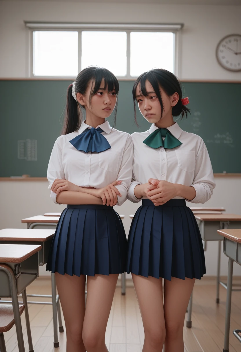 Two Girls,roromiya,ririchiyo,school uniform,Ascot, masterpiece, Highest quality、Communicate、Someone hugs me from behind、Classroom at Dusk