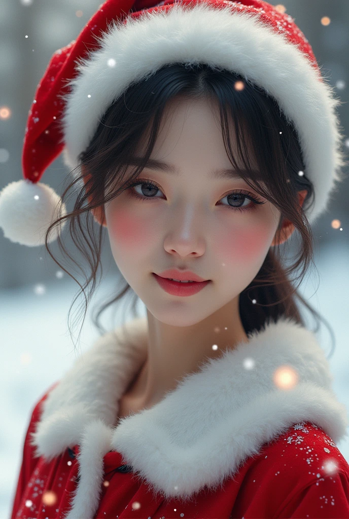 A japanese woman in santa claus costume, smile,beautiful detailed eyes, droppy eyes,beautiful detailed lips, extremely detailed face and hair, long eyelashes, intricate detailed fabric textures, santa hat, christmas lights, snowy winter background, (best quality,4k,8k,highres,masterpiece:1.2),ultra-detailed,(realistic,photorealistic,photo-realistic:2.0),vibrant colors,cinematic lighting,soft bokeh