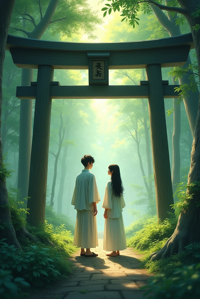 A green forest with a torii and a girl and a young man