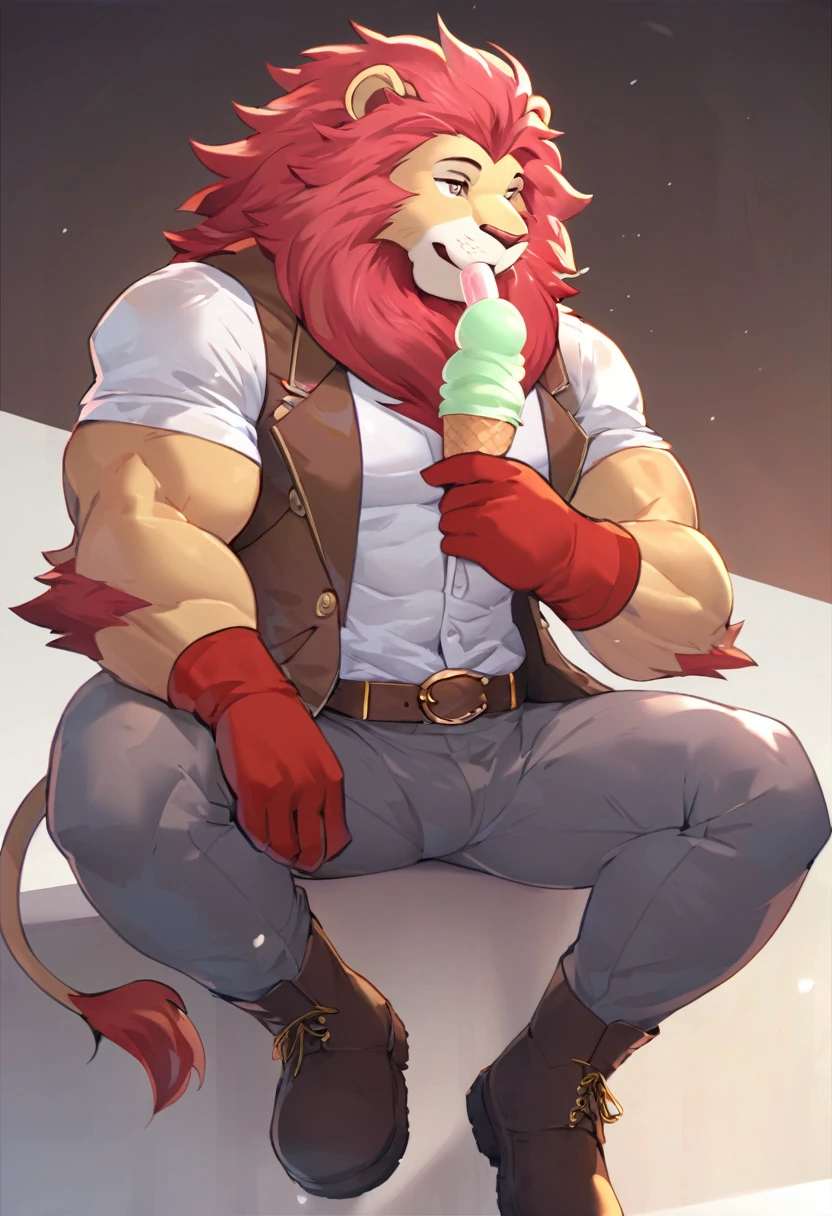 Paddle Pop lion, paddle pop begins cartoon, wears a white shirt with details in the collared with a brown vest, red gloves,gray pants thick fabric, red belt in style feline and boots red with details, extremely beautiful face, muscular body, gentle look, hot, eating ice cream, tall, slender