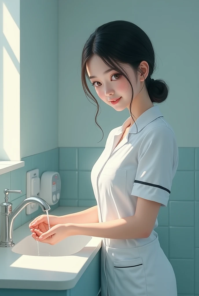 A beautiful teenage asian nurse is washing her thin fingers, shyly smiling, winking.