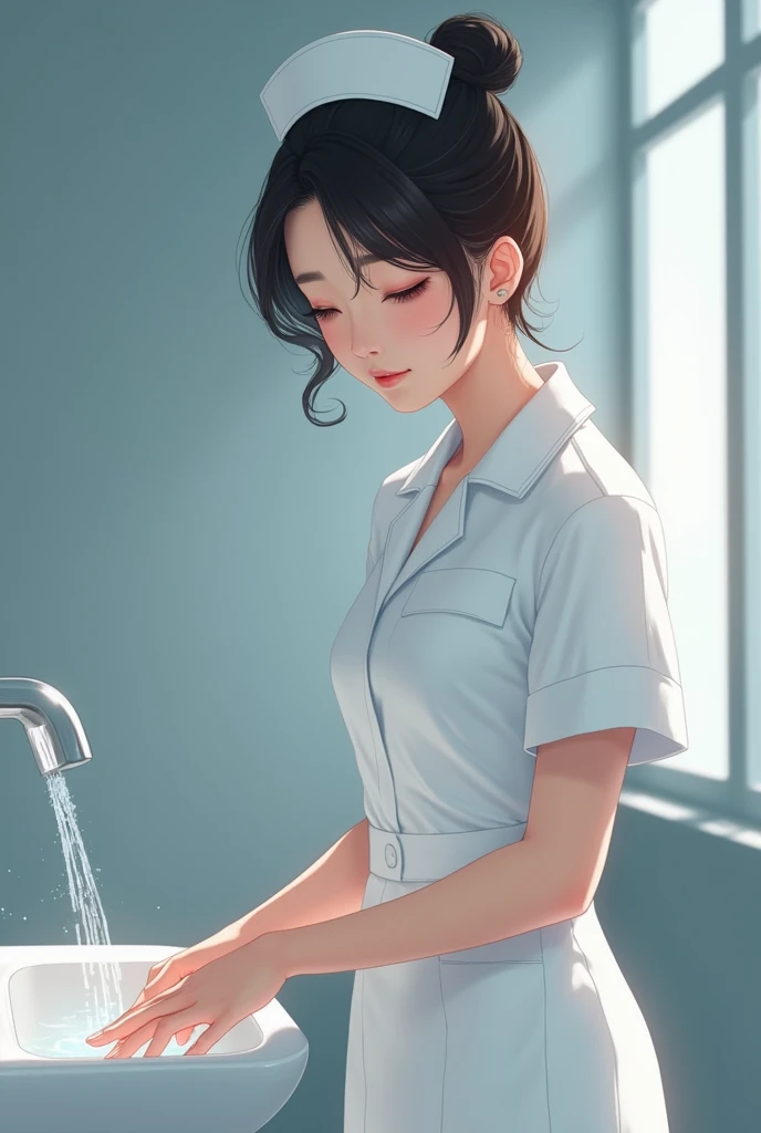A beautiful age asian nurse is washing her thin fingers, shyly smiling, winking.