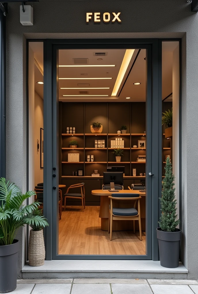 The office is modern with a sign indicating the name of the store F E O X