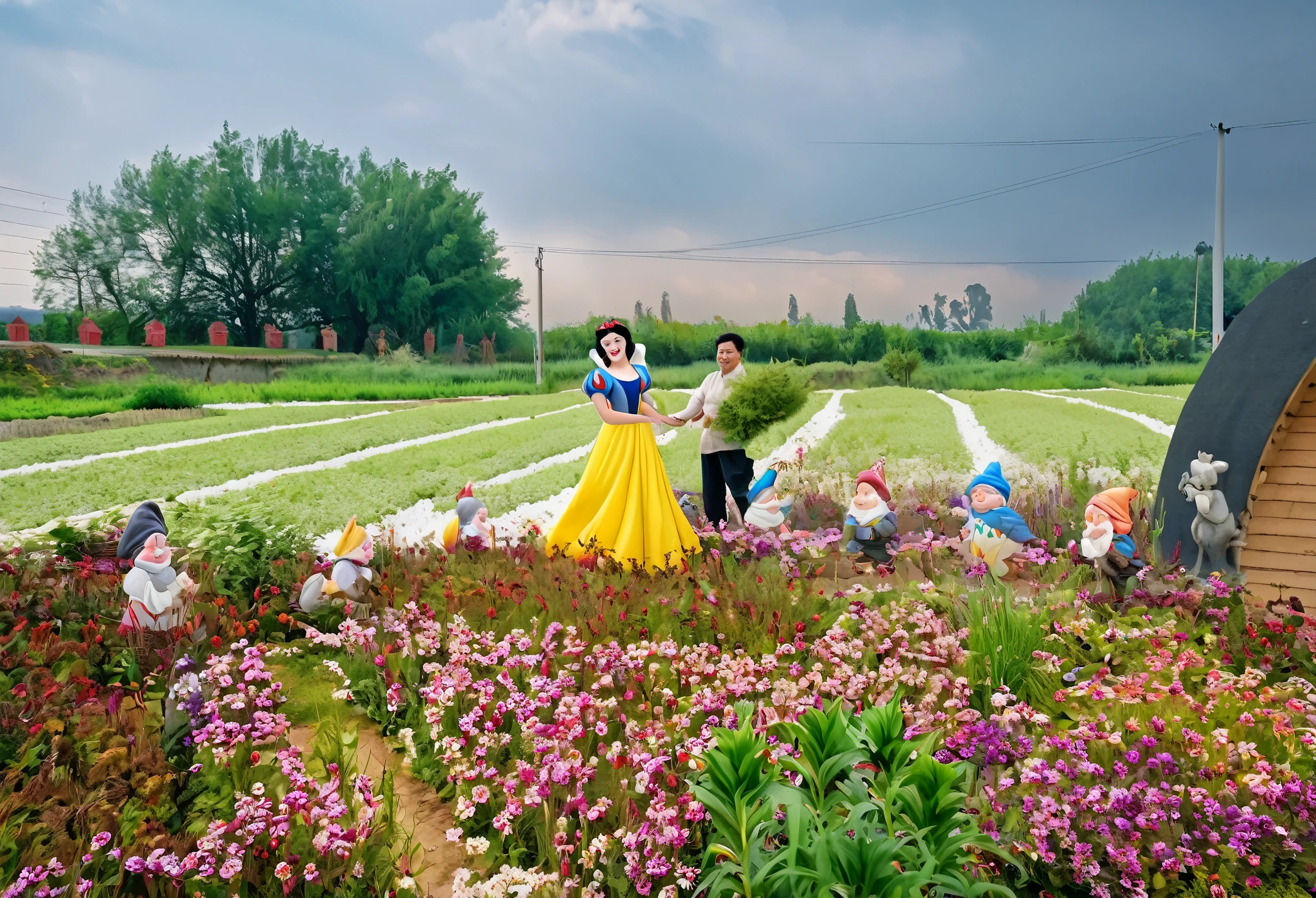 there are many small statues of snow White and seven dwarfs in the garden, Humanoid creature covered with flowers, In a field of blooming flowers, Flower fields in the foreground, Flower Prince Crowned, snow White, Enchanted Garden Photos, picking flowers, Very beautiful photos, Garden, Pick a flower, Photos and stills, Shot with Nikon Z9,Chinese rural women holding green grass,Blue sky and white clouds,RAW,uhd,8k,Detailed Details,Best quality,Perfect color matching,Cinematic atmosphere,Masterpieces shot by international photography masters,National Geographic Photography Award Winners