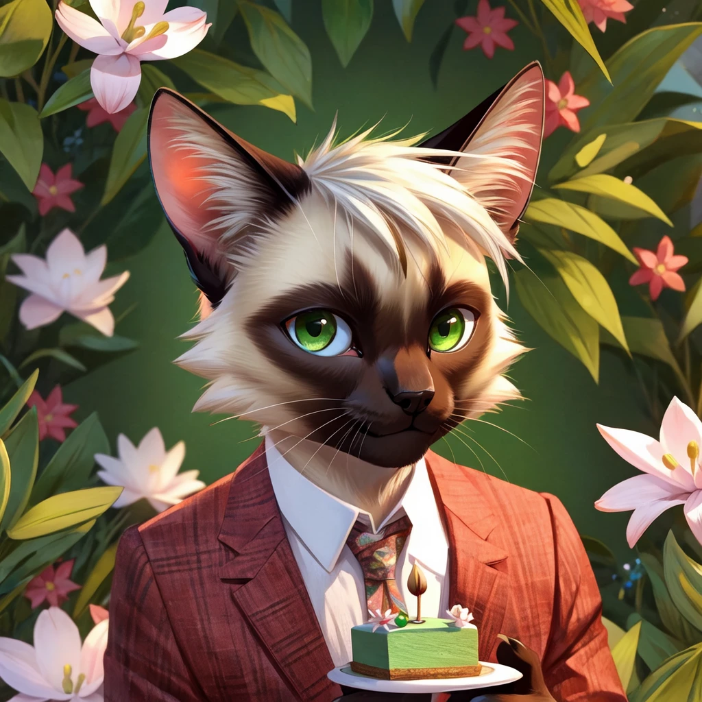 A Siamese cat, furry, male, green eyes, small claws with green tips, short white hair, simple contemporary clothes with a Lily flower print, smiling for the photo, while holding a small cake, decorated and eye-catching.